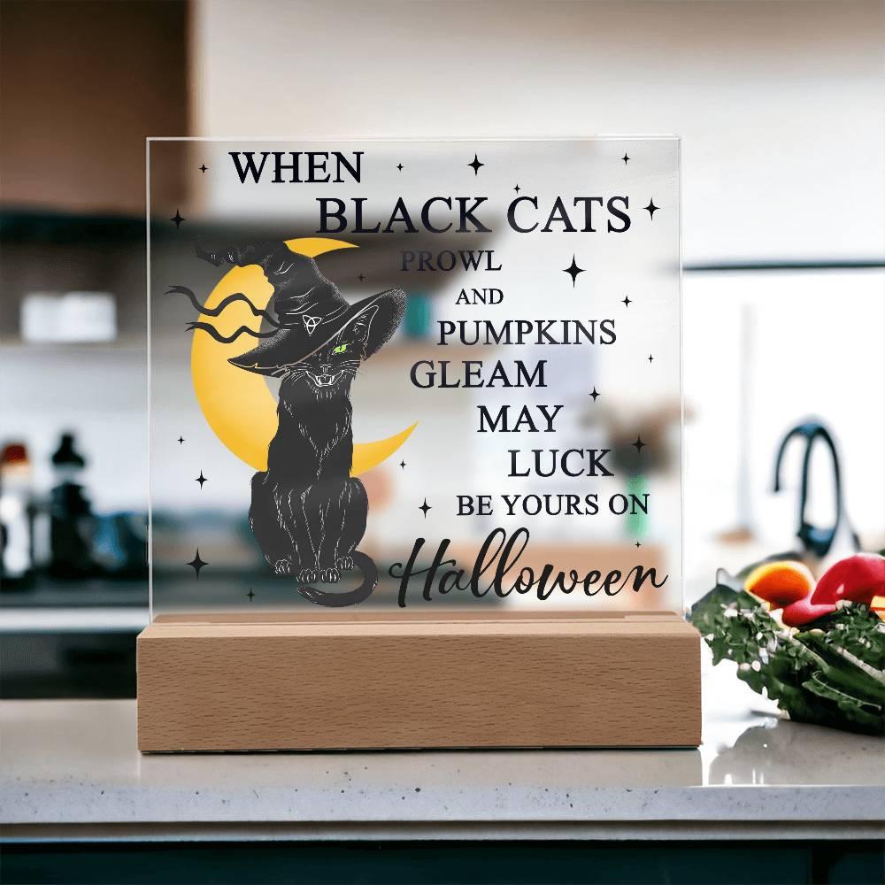 Halloween Decor - Black Cats and Pumpkins Gleam Acrylic Square Plaque with LED Wooden Base - Mallard Moon Gift Shop