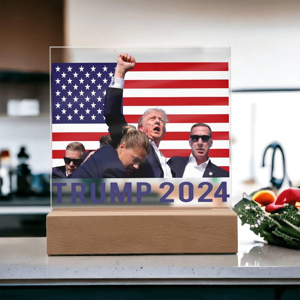 Trump 2024 Butler Rally Acrylic Plaque with LED Lighted Wooden Base - Mallard Moon Gift Shop