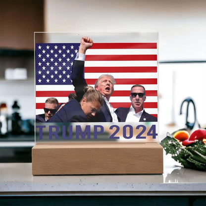 Trump 2024 Butler Rally Acrylic Plaque with LED Lighted Wooden Base - Mallard Moon Gift Shop
