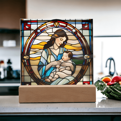 Brunette Mother and Baby - Stained Glass Style LED Acrylic Plaque – A Cherished Gift for Mother's Day or New Moms - Mallard Moon Gift Shop