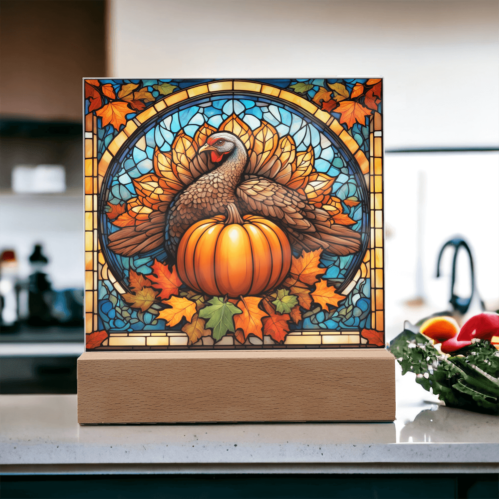 Thanksgiving Stained Glass Turkey Acrylic Plaque – Elegant Fall Home Decor with LED Light Base | Autumn Window Art Inspired Gift