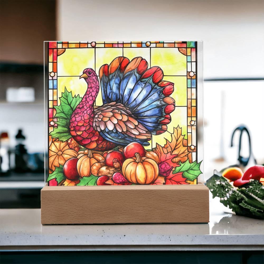 Thanksgiving Turkey Stained-glass Acrylic Square LED Lighted Wooden Base - Mallard Moon Gift Shop