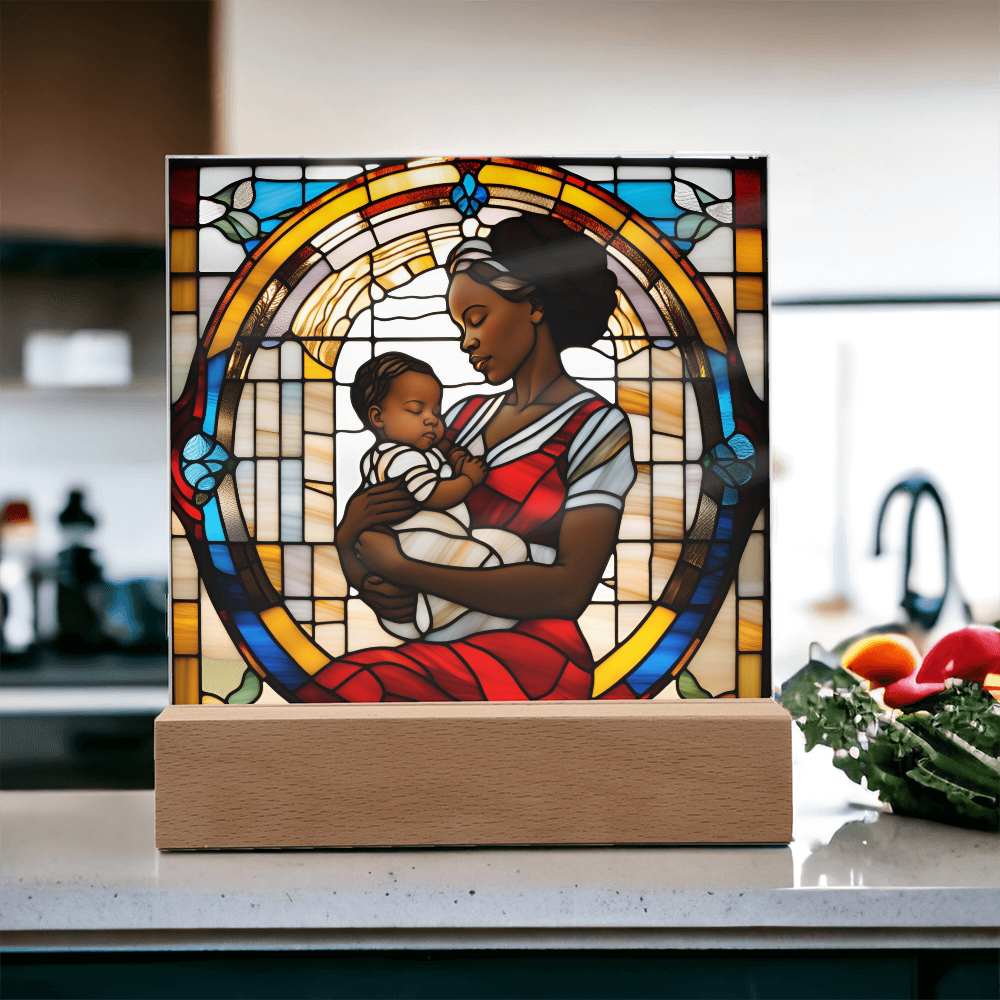 Black Mother and Baby Stained Glass Style LED Acrylic Plaque – A Powerful Tribute for New Moms and Mother's Day - Mallard Moon Gift Shop