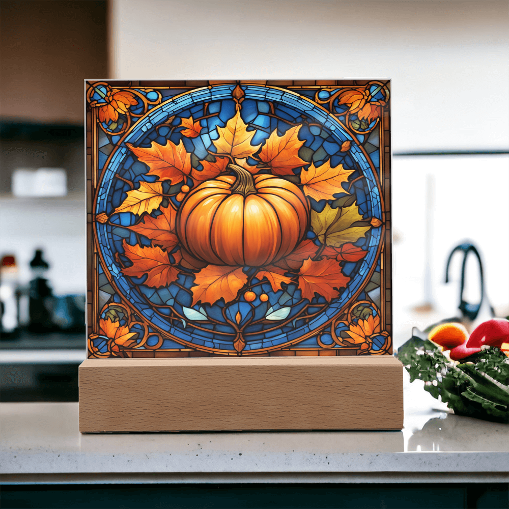 Stained Glass Pumpkin Acrylic Plaque – Elegant Thanksgiving Home Décor | Fall Harvest LED Light Display