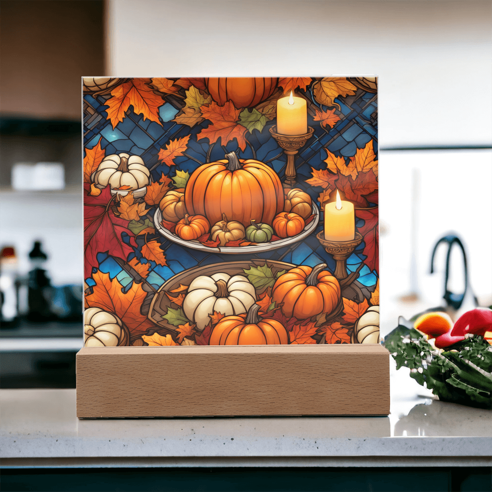 Stained Glass Pumpkin & Candle Acrylic Plaque – Thanksgiving Harvest Centerpiece | Fall Home Décor with LED Light Base