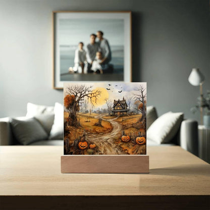 Haunted Elegance: Spooky Halloween Mansion Acrylic Square Plaque with LED Lighted Wooden Base - Mallard Moon Gift Shop