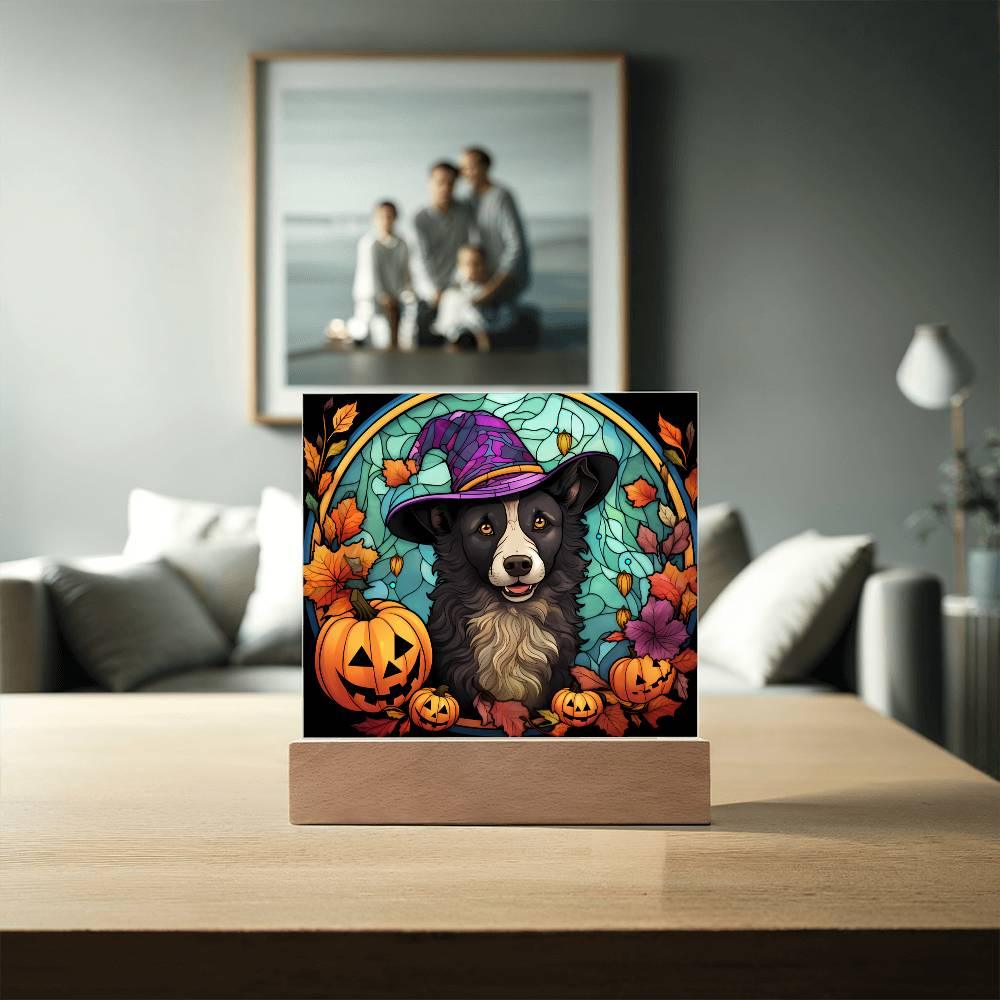 Dog Halloween Portrait Stained Glass Acrylic Plaque with LED Lighted Wooden Base - Mallard Moon Gift Shop