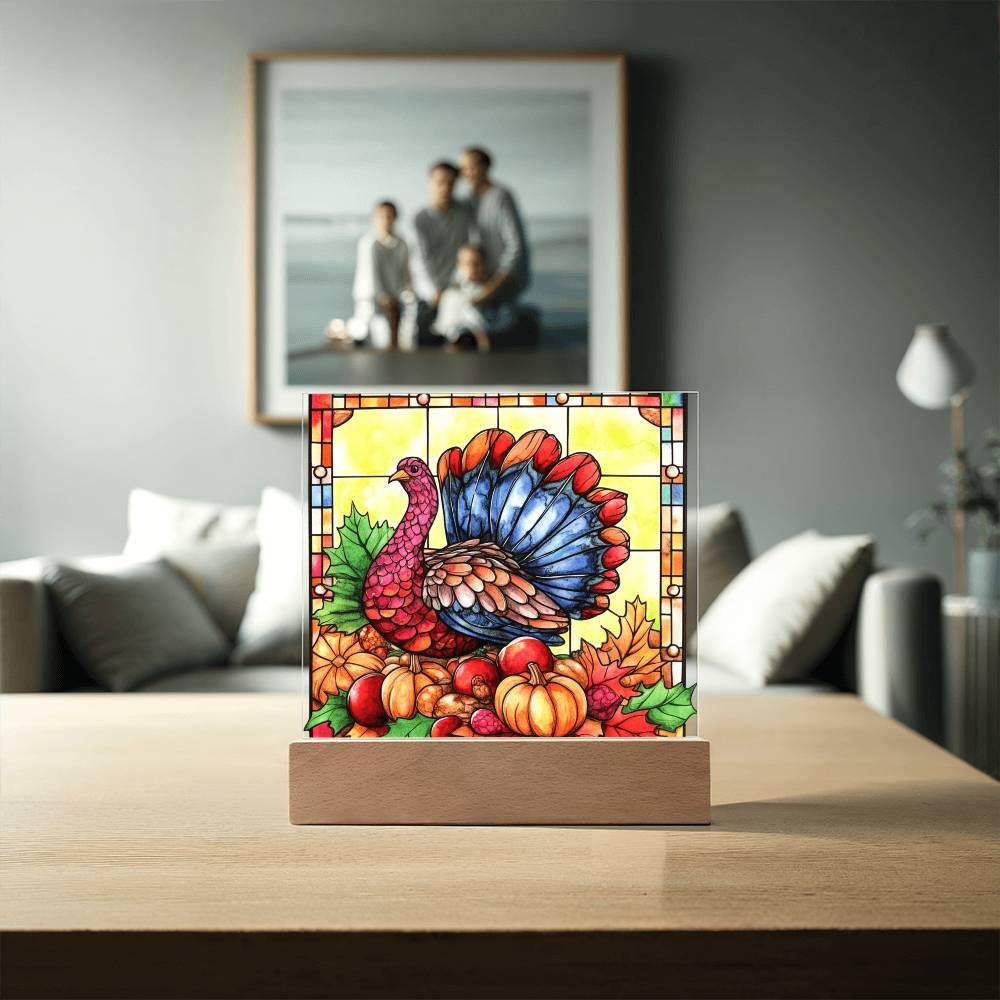 Thanksgiving Turkey Stained-glass Acrylic Square LED Lighted Wooden Base - Mallard Moon Gift Shop