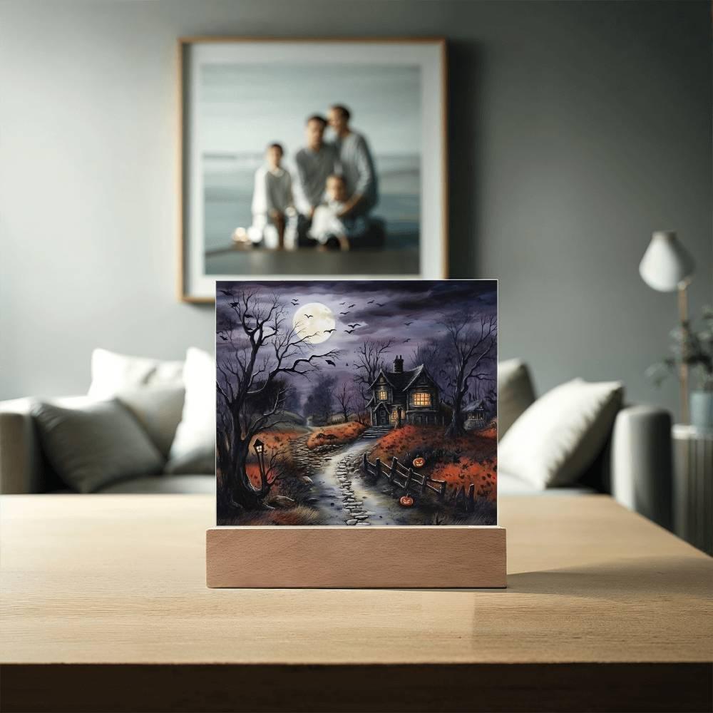 Bewitched Abode: The Ultimate Halloween Mansion Acrylic Plaque with Lighted LED Wooden Base - Mallard Moon Gift Shop