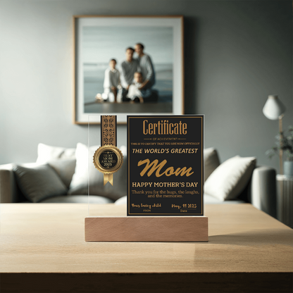 World's Greatest Mom Certificate LED Acrylic Plaque – Personalized Best Mom Award 2025 Mother's Day Gift - Mallard Moon Gift Shop