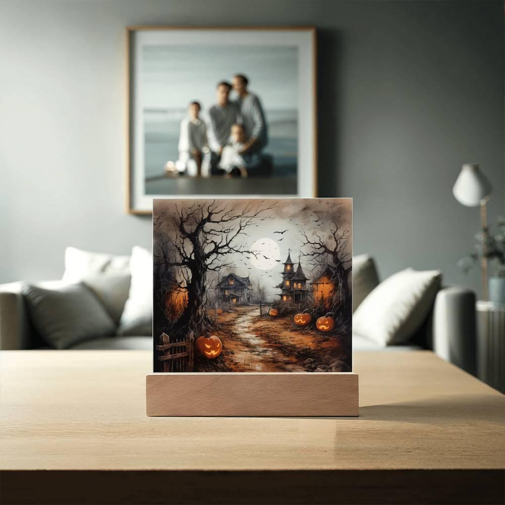 Shadowy Stronghold: Unique Mansion Halloween Acrylic Lighted Plaque - Mallard Moon Gift Shop