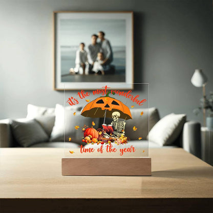 Halloween Decor - Most Wonderful Time of The Year Acrylic Square Plaque with LED Wooden Base - Mallard Moon Gift Shop