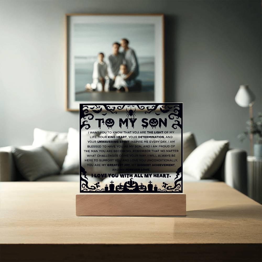 Son - Proudest Achievement - Halloween Acrylic Square Plaque with LED Wooden Base - Mallard Moon Gift Shop