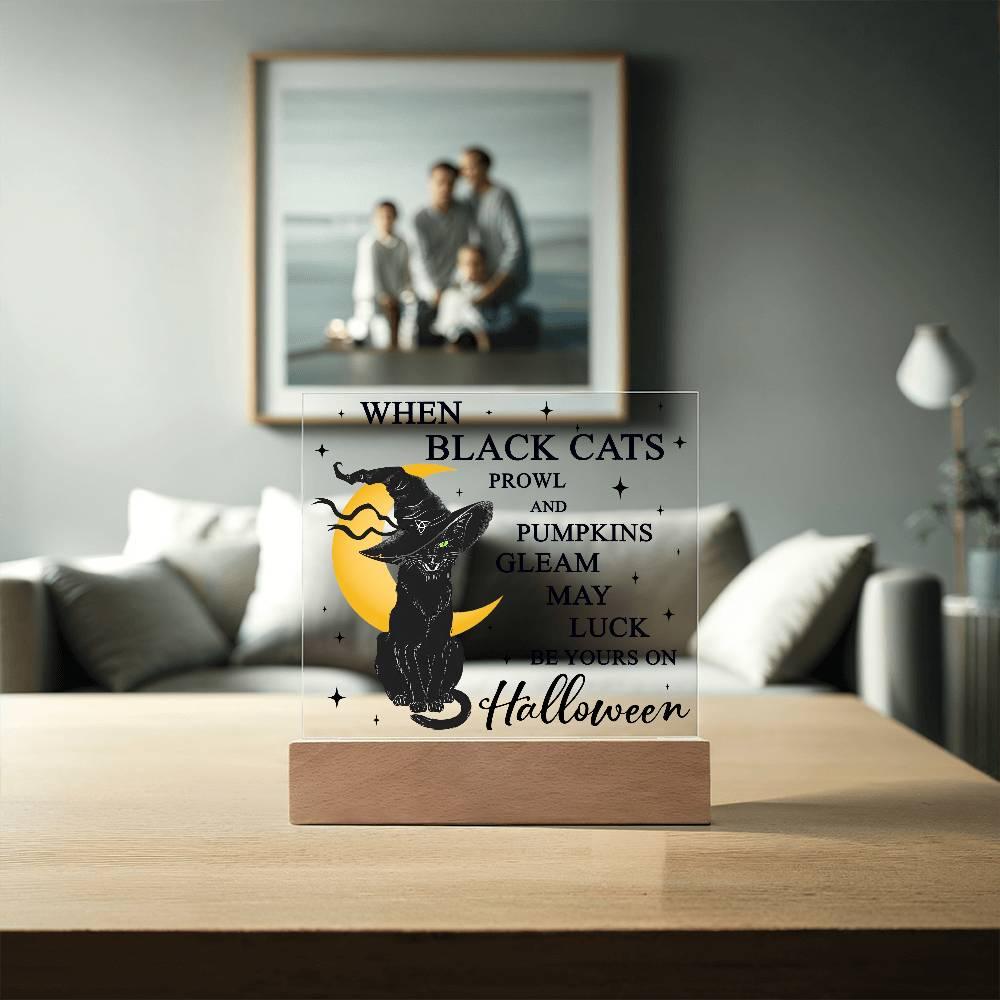 Halloween Decor - Black Cats and Pumpkins Gleam Acrylic Square Plaque with LED Wooden Base - Mallard Moon Gift Shop