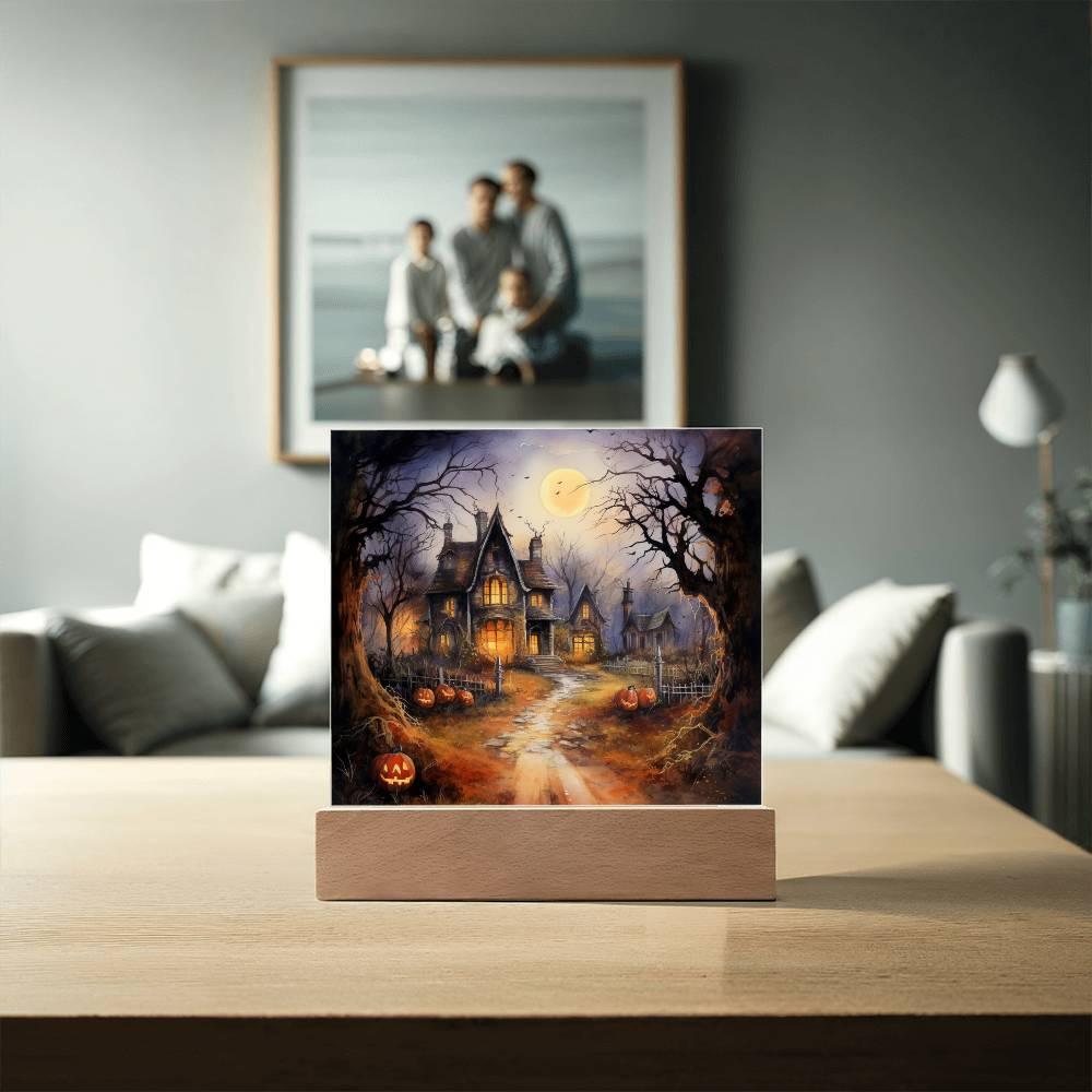 Ghostly Manor: Halloween Acrylic Square Plaque with LED Lighted Wooden Base - Mallard Moon Gift Shop