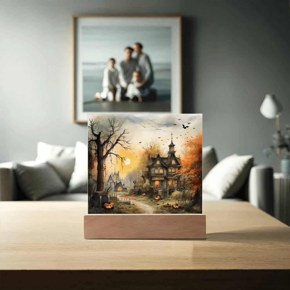 Spectral Spire: Spooky Halloween Mansion Acrylic Square Plaque with LED Lighted Wooden Base - Mallard Moon Gift Shop