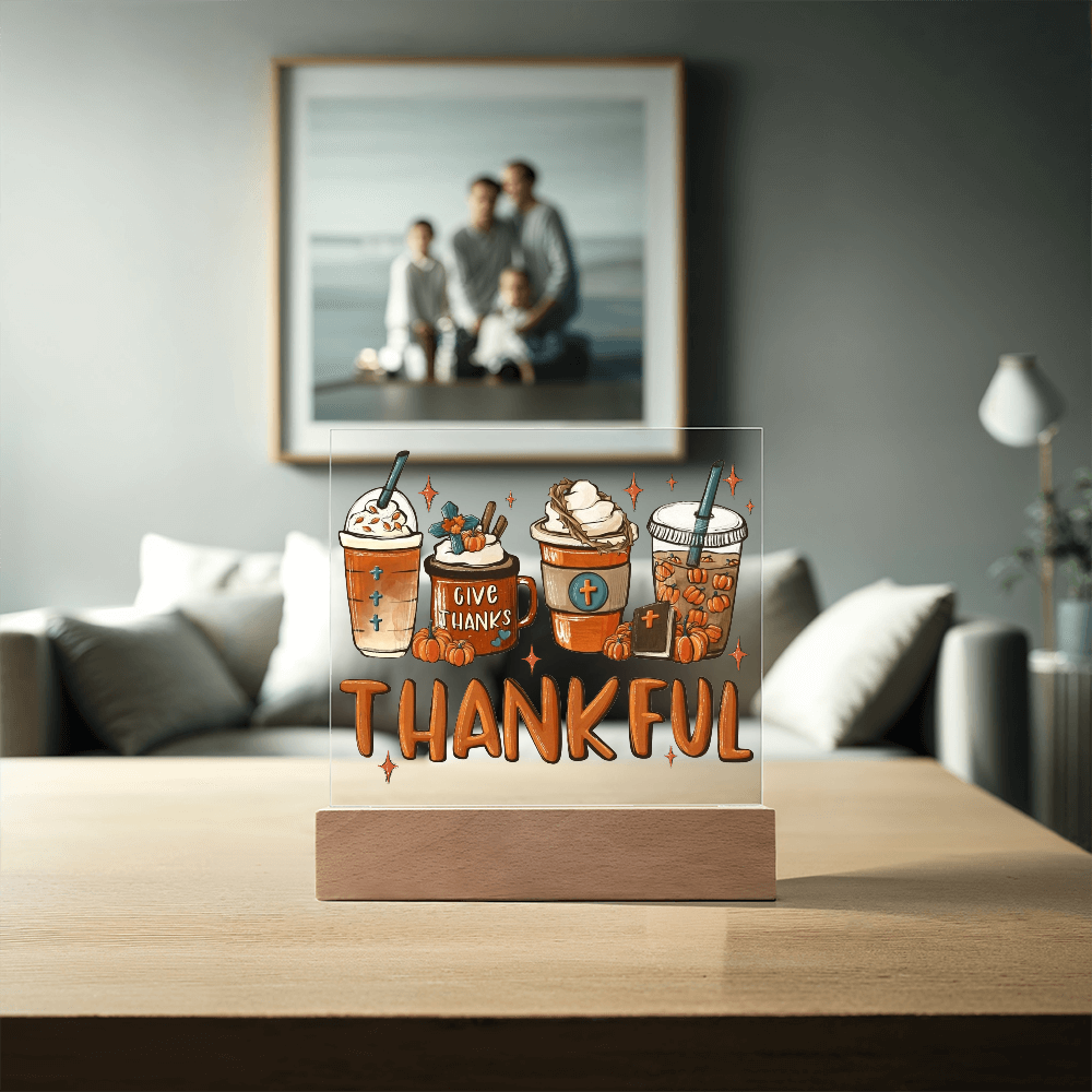 Thankful Coffee Acrylic Plaque – Cozy Fall Décor Gift for Coffee Lovers | “Give Thanks” Autumn LED Light Display