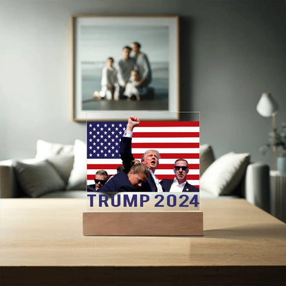 Trump 2024 Butler Rally Acrylic Plaque with LED Lighted Wooden Base - Mallard Moon Gift Shop