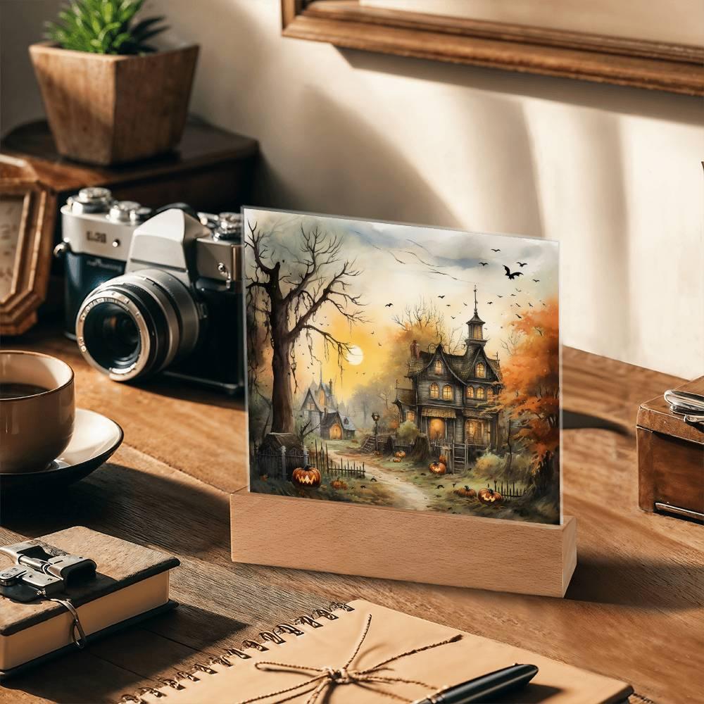 Spectral Spire: Spooky Halloween Mansion Acrylic Square Plaque with LED Lighted Wooden Base - Mallard Moon Gift Shop