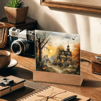 Spectral Spire: Spooky Halloween Mansion Acrylic Square Plaque with LED Lighted Wooden Base - Mallard Moon Gift Shop