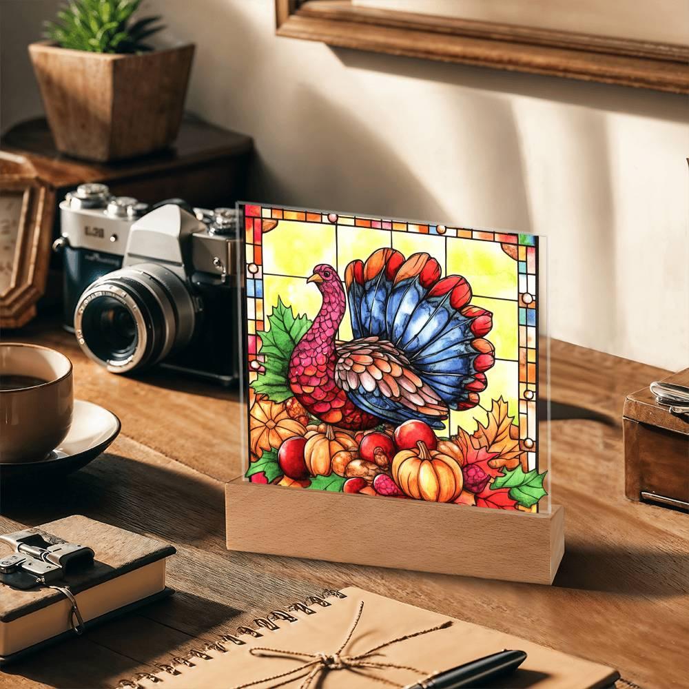 Thanksgiving Turkey Stained-glass Acrylic Square LED Lighted Wooden Base - Mallard Moon Gift Shop
