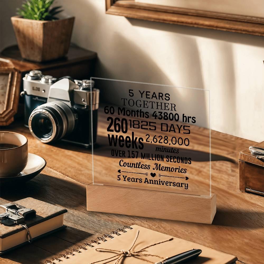 Anniversary Gift Five Years Together Acrylic Square Plaque with Lighted LED Wooden Base - Mallard Moon Gift Shop