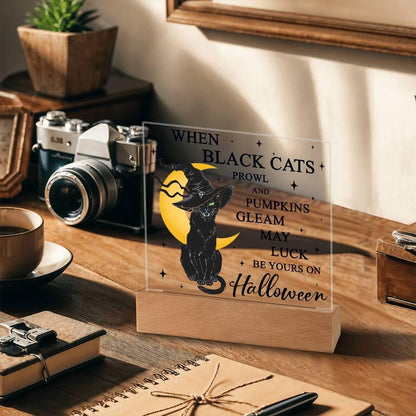 Halloween Decor - Black Cats and Pumpkins Gleam Acrylic Square Plaque with LED Wooden Base - Mallard Moon Gift Shop