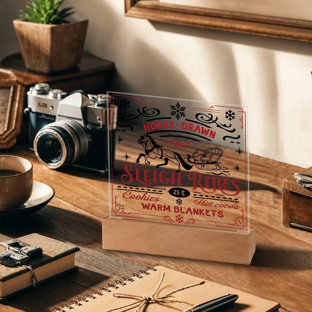 Christmas Horse Drawn Sleigh Rides Acrylic Square Plaque with LED Wooden Base - Mallard Moon Gift Shop