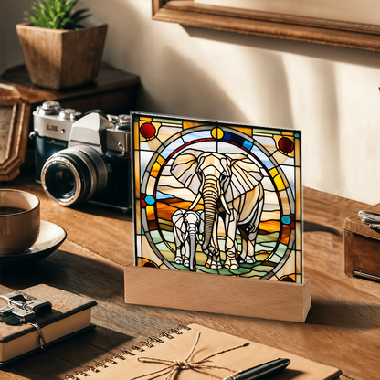 Elephant Mother and Baby Calf - Stained Glass Style LED Acrylic Plaque – A Symbol of Strength, Love, and Family - Mallard Moon Gift Shop