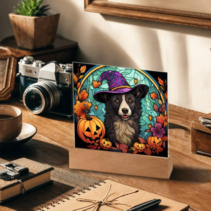 Dog Halloween Portrait Stained Glass Acrylic Plaque with LED Lighted Wooden Base - Mallard Moon Gift Shop