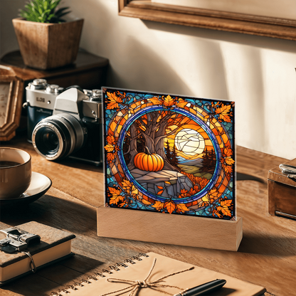 Stained Glass Autumn Pumpkin Sunset Acrylic Plaque – Fall Harvest Home Decor with LED Light Base | Thanksgiving Window Art Accent