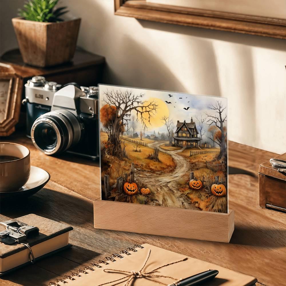 Haunted Elegance: Spooky Halloween Mansion Acrylic Square Plaque with LED Lighted Wooden Base - Mallard Moon Gift Shop