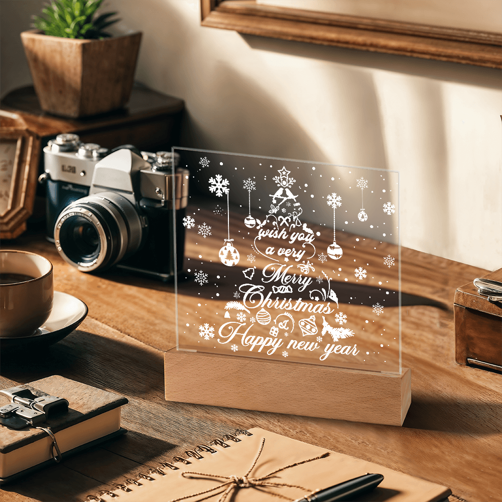 Merry Christmas & Happy New Year Acrylic Plaque – Elegant Holiday LED Light Décor | Festive Tree Design Gift