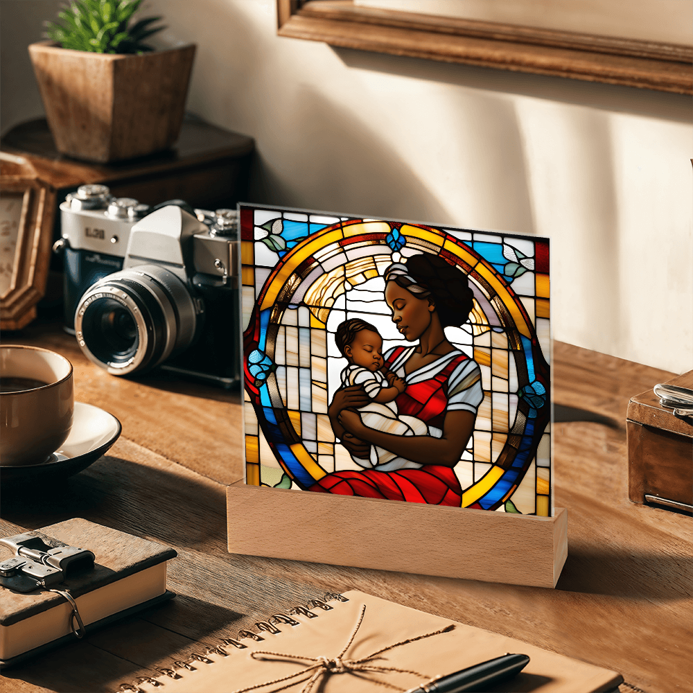 Black Mother and Baby Stained Glass Style LED Acrylic Plaque – A Powerful Tribute for New Moms and Mother's Day - Mallard Moon Gift Shop