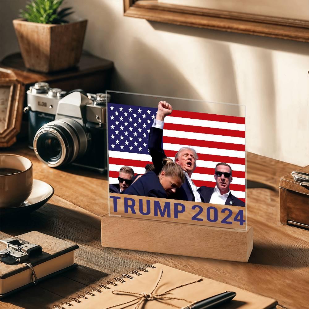 Trump 2024 Butler Rally Acrylic Plaque with LED Lighted Wooden Base - Mallard Moon Gift Shop