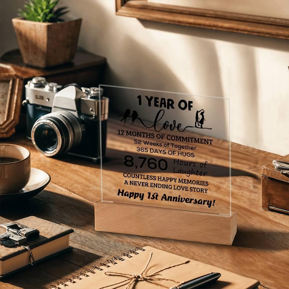 Anniversary Gift One Year of Love, Countless Happy Memories Acrylic Square Plaque with LED Wooden Base - Mallard Moon Gift Shop