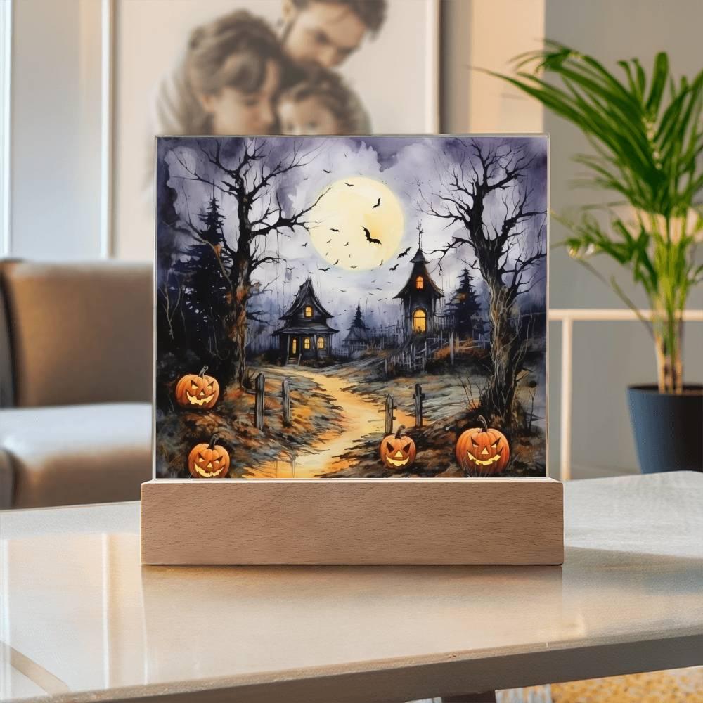 Halloween Haunt: Detailed Mansion Acrylic Plaque with LED Lighted Wooden Base - Mallard Moon Gift Shop