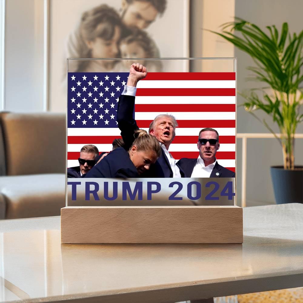 Trump 2024 Butler Rally Acrylic Plaque with LED Lighted Wooden Base - Mallard Moon Gift Shop