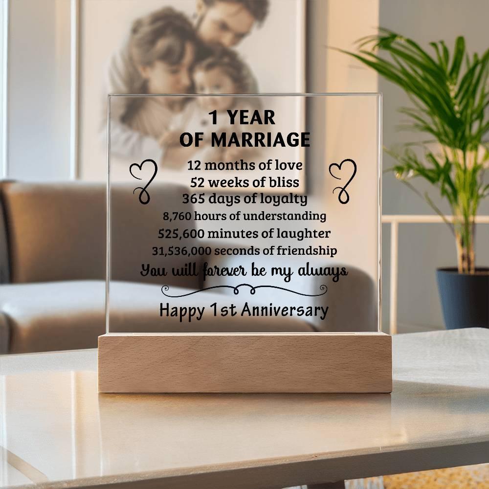 Anniversary Gift - One Year Of Marriage Acrylic Square Plaque with LED Wooden Base - Mallard Moon Gift Shop
