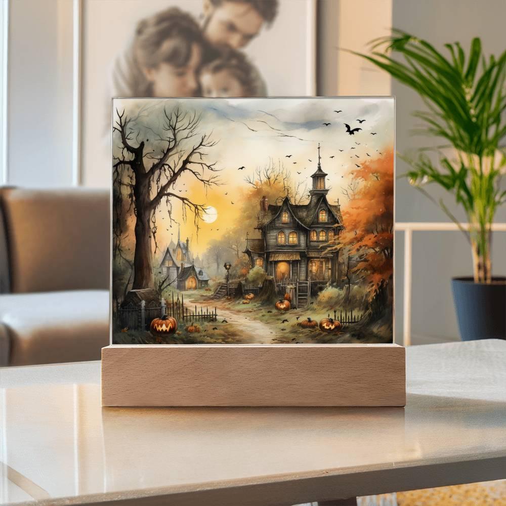 Spectral Spire: Spooky Halloween Mansion Acrylic Square Plaque with LED Lighted Wooden Base - Mallard Moon Gift Shop
