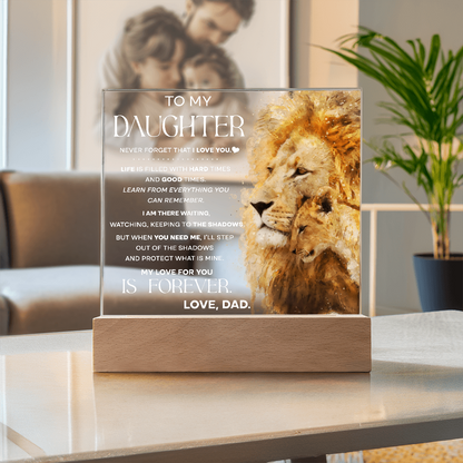 To My Daughter Lion Acrylic LED Plaque – “My Love for You Is Forever” Father Gift | Inspirational Lighted Keepsake from Dad
