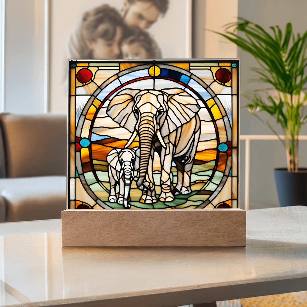 Elephant Mother and Baby Calf - Stained Glass Style LED Acrylic Plaque – A Symbol of Strength, Love, and Family - Mallard Moon Gift Shop