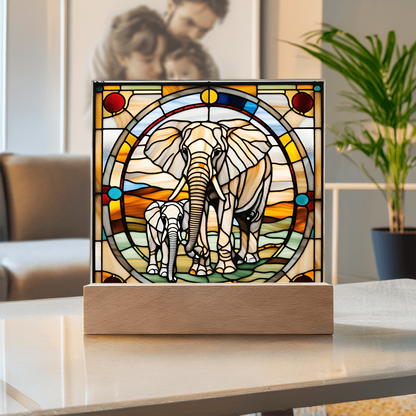 Elephant Mother and Baby Calf - Stained Glass Style LED Acrylic Plaque – A Symbol of Strength, Love, and Family - Mallard Moon Gift Shop