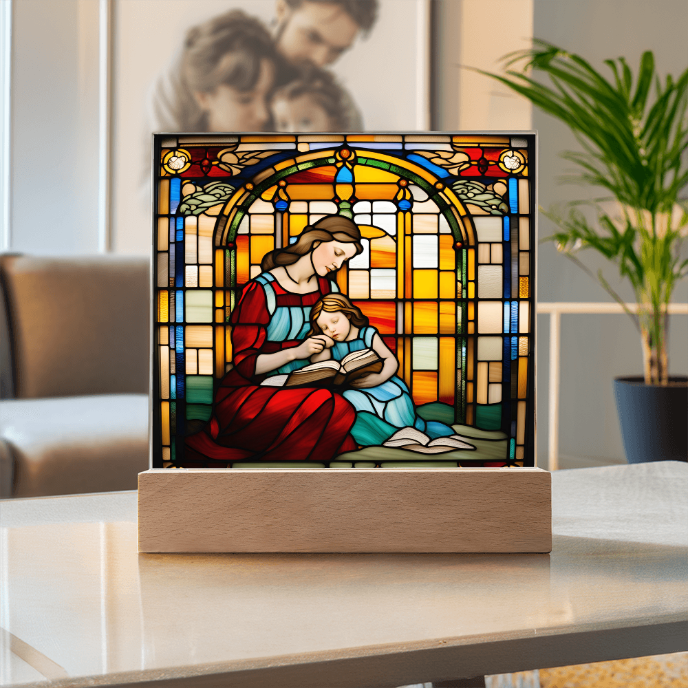 Mother and Child Reading Together Stained-Glass Style LED Acrylic Plaque – A Heartfelt Gift for Moms and Book-Loving Families - Mallard Moon Gift Shop