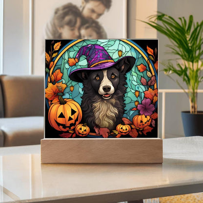 Dog Halloween Portrait Stained Glass Acrylic Plaque with LED Lighted Wooden Base - Mallard Moon Gift Shop