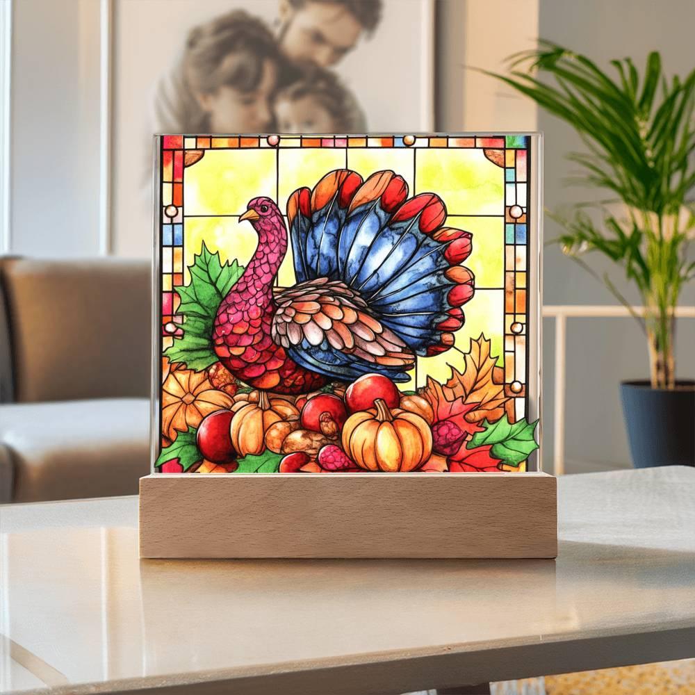 Thanksgiving Turkey Stained-glass Acrylic Square LED Lighted Wooden Base - Mallard Moon Gift Shop