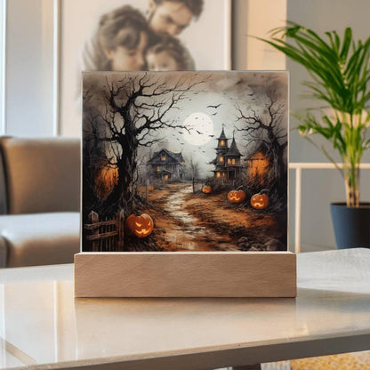 Shadowy Stronghold: Unique Mansion Halloween Acrylic Lighted Plaque - Mallard Moon Gift Shop