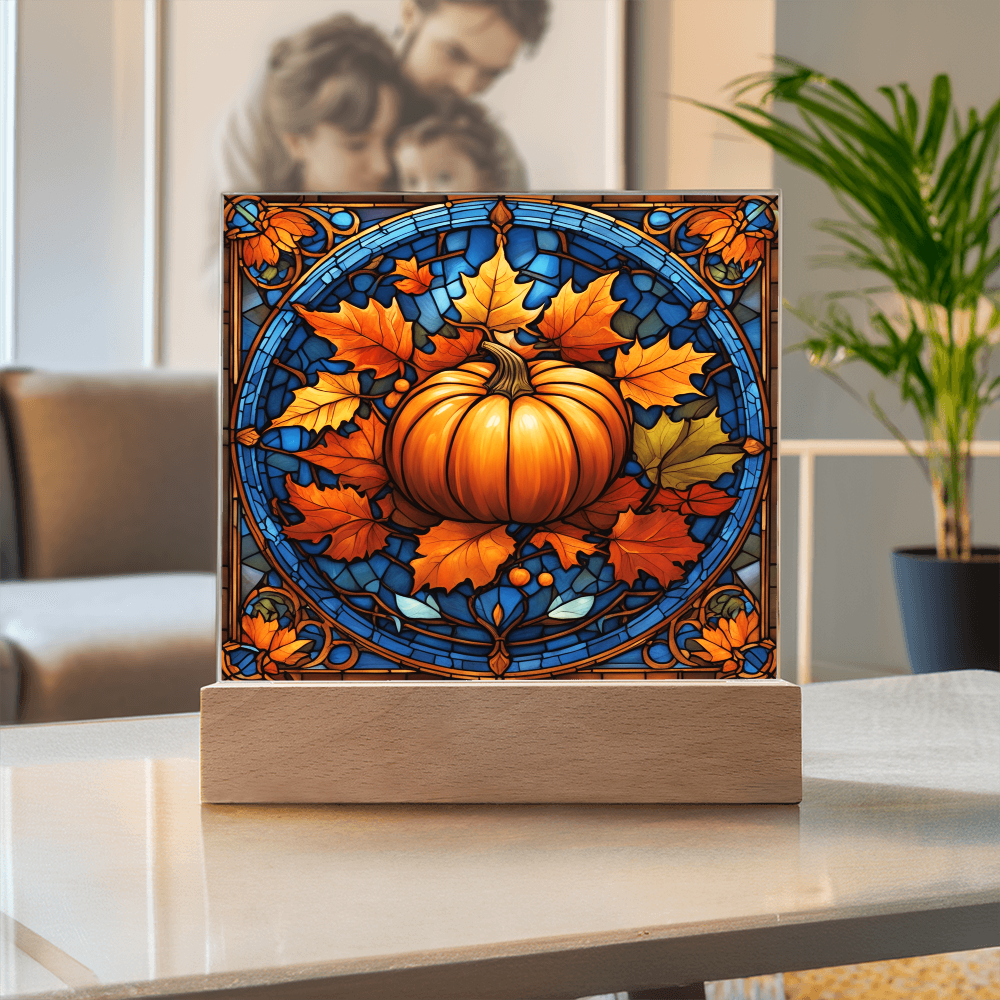 Stained Glass Pumpkin Acrylic Plaque – Elegant Thanksgiving Home Décor | Fall Harvest LED Light Display