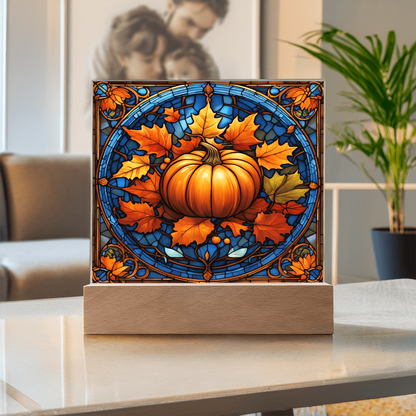Stained Glass Pumpkin Acrylic Plaque – Elegant Thanksgiving Home Décor | Fall Harvest LED Light Display