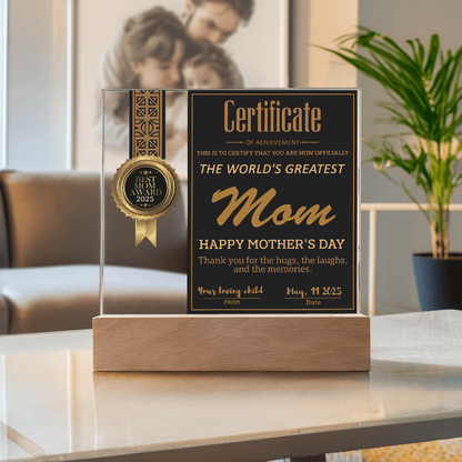 World's Greatest Mom Certificate LED Acrylic Plaque – Personalized Best Mom Award 2025 Mother's Day Gift - Mallard Moon Gift Shop